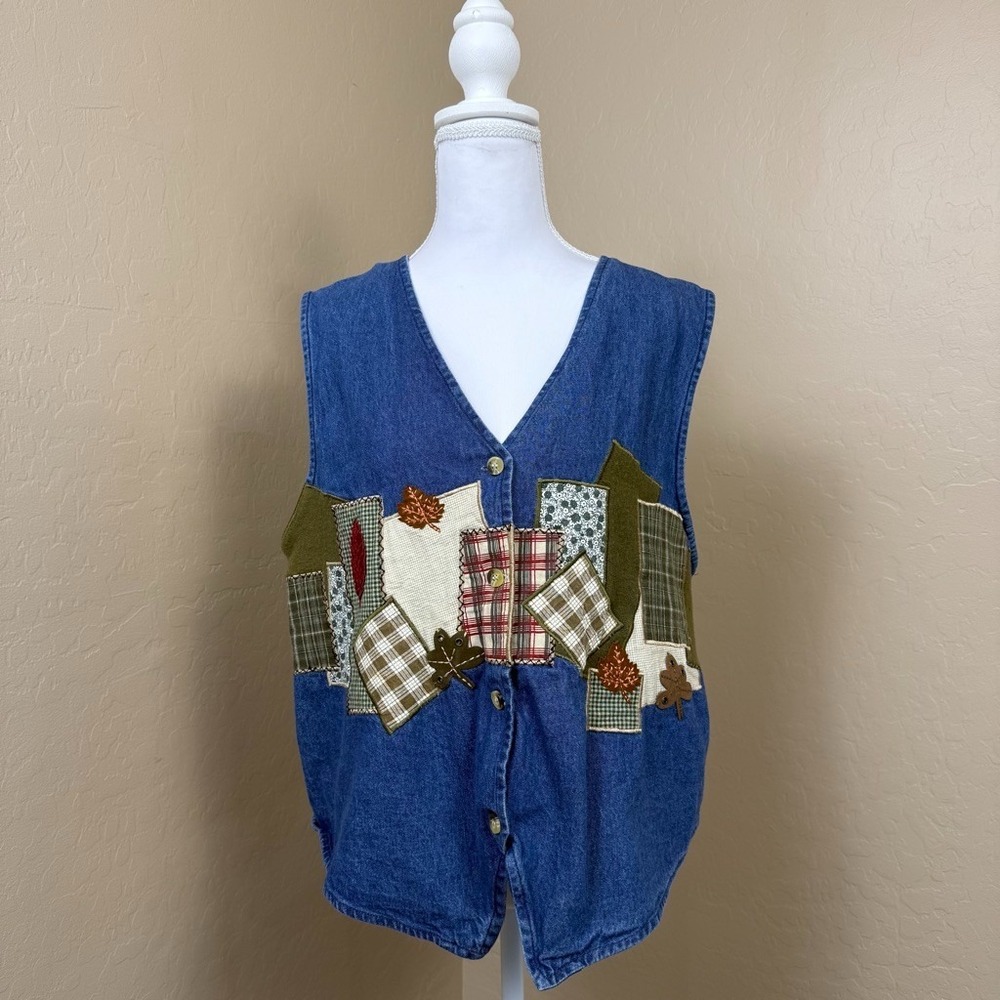 Vintage 90s Denim Vest Patchwork Applique Cottagecore Dragonfly Fall USA Made